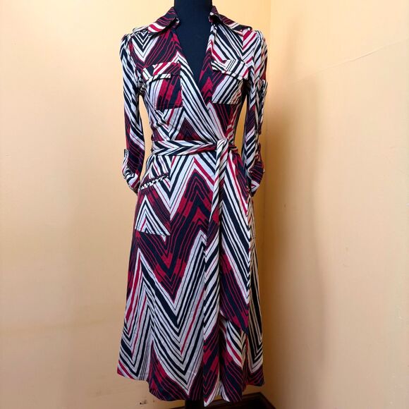 Diane Von Furstenberg Dresses & Skirts - Vtg Y2K Diane von Furstenberg Silk Utility Wrap Dress Chevron Geometric Red 8